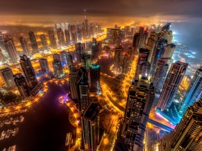Dubai Buildings Night Lights Top View 5K