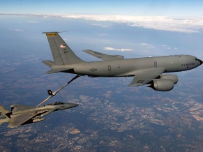 F 15 Eagle Receives fuel from KC 135 Stratotanker