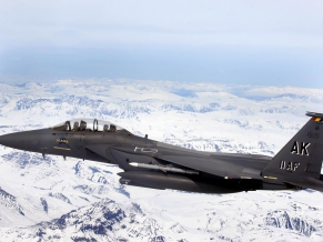 F 15E Strike Eagle flys over Glacial fields