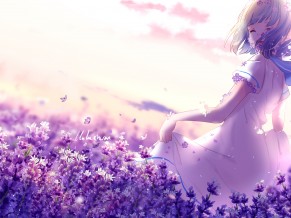 Anime Girl Lavender Purple Flowers 4K