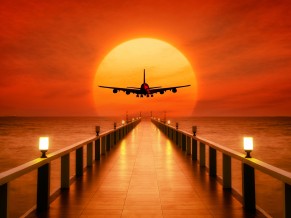 Airplane Sunset Takeoff