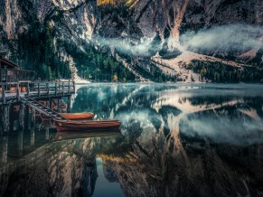 Braies Lake Panoramic viewin Dolomites mountains Italy 5K